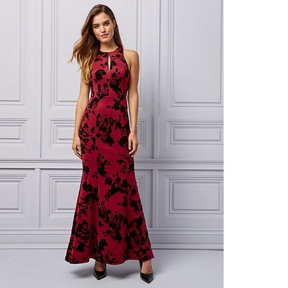 NWT Le Chateau PLUS SIZE Flocked Wine Burgundy Red Maxi Gala Dress Gown Wedding - Picture 1 of 8